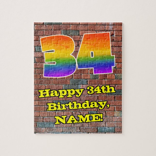 34th Birthday: Fun Graffiti-Inspired Rainbow 34 Jigsaw Puzzle (Vertical)