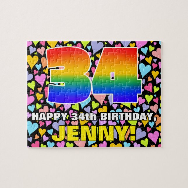 34th Birthday — Fun, Loving Heart Shapes + “34” Jigsaw Puzzle (Horizontal)