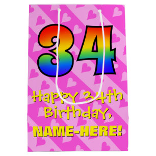 34th Birthday: Fun Pink Hearts Stripes; Rainbow 34 Medium Gift Bag