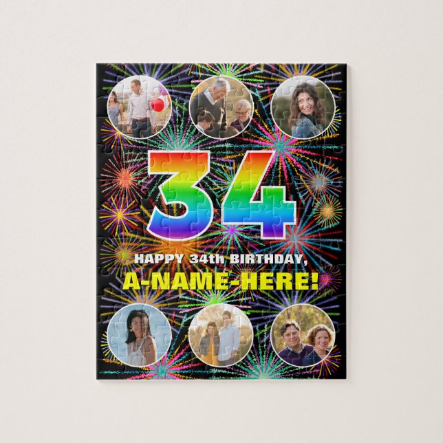 34th Birthday: Fun Rainbow #, Custom Name + Photos Jigsaw Puzzle (Vertical)