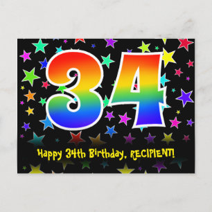 34th Birthday: Fun Stars Pattern, Rainbow 34, Name Postcard