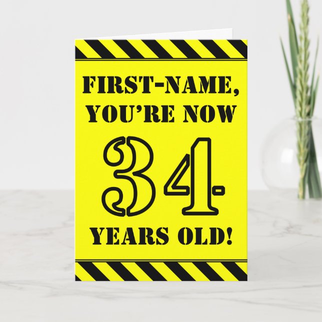 34th Birthday: Fun Stencil Style Text, Custom Name Card (Front)