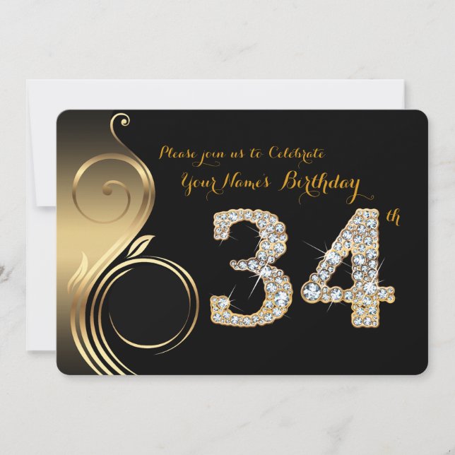 34th,Birthday Invitation,Number Diamond,Photo Invitation (Front)