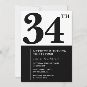 34th birthday invitations Black and White Elegant