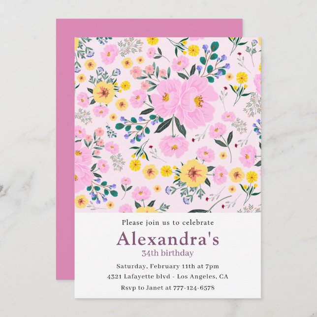 34th birthday invitations Boho Floral Pink (Front/Back)