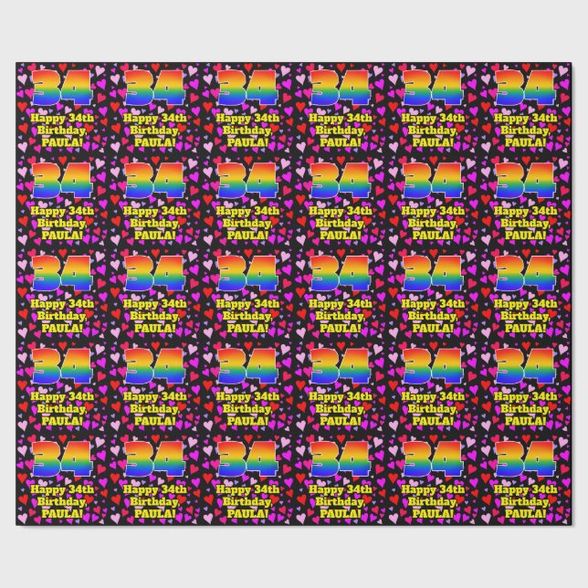 34th Birthday: Loving Hearts Pattern, Rainbow # 34 Wrapping Paper (Seam)