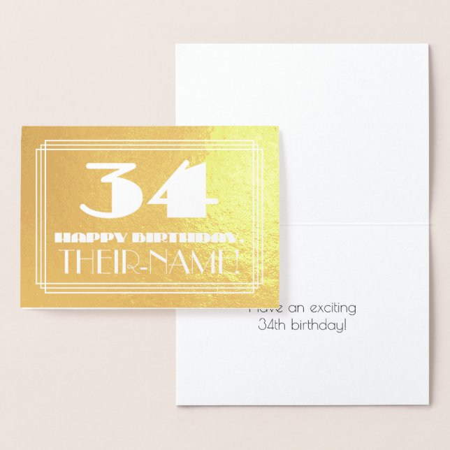 34th Birthday: Name + Art Deco Inspired Look "34" Foil Card (Display)