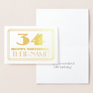 34th Birthday; Name + Art Deco Inspired Look "34" Foil Card