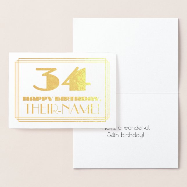 34th Birthday; Name + Art Deco Inspired Look "34" Foil Card (Display)