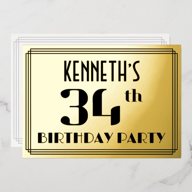 34th Birthday Party: Art Deco Look “34” and Name (Front/Back)
