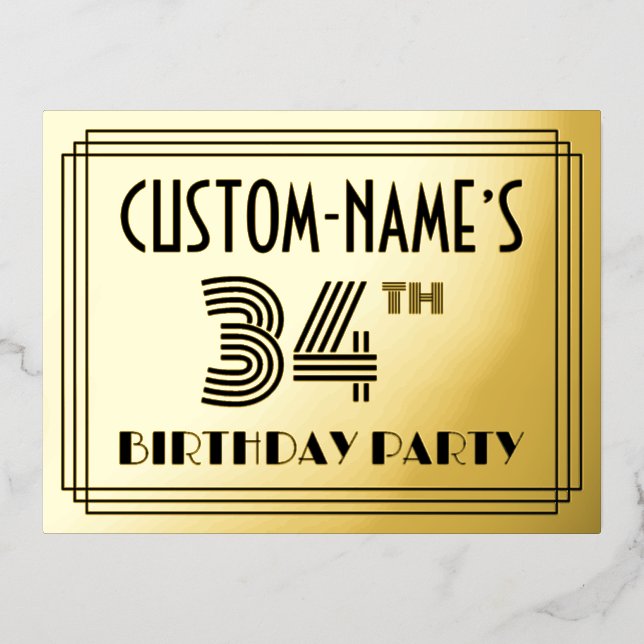 34th Birthday Party ~ Art Deco Style “34” + Name Foil Invitation Postcard (Front)