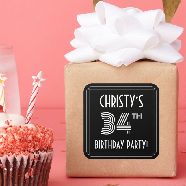 34th Birthday Party: Art Deco Style & Custom Name Square Sticker (Party)