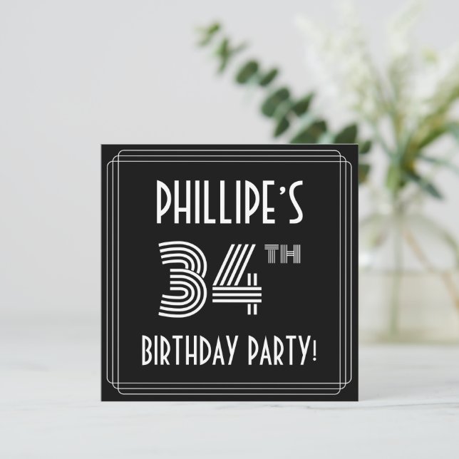 34th Birthday Party: Art Deco Style w/ Custom Name Invitation (Standing Front)