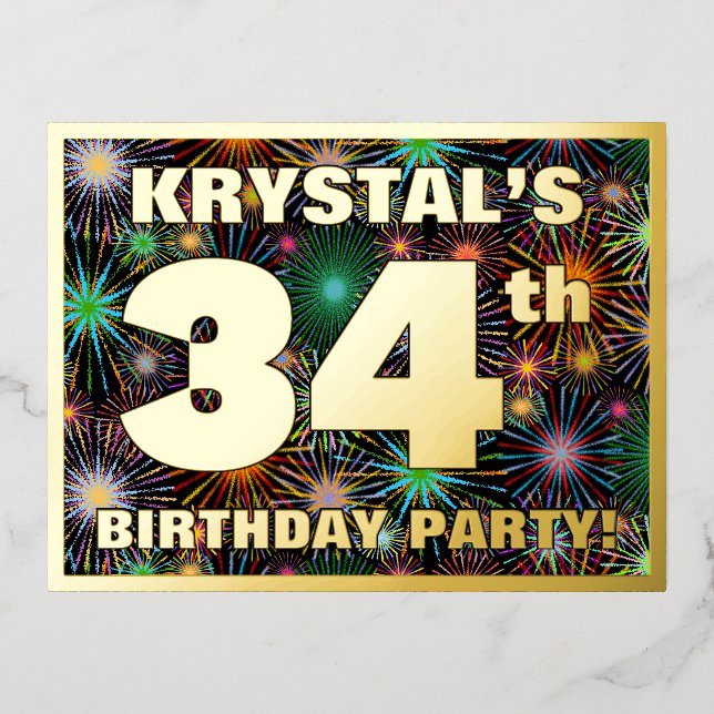 34th Birthday Party: Bold, Colourful Fireworks Loo Foil Invitation Postcard (Front)