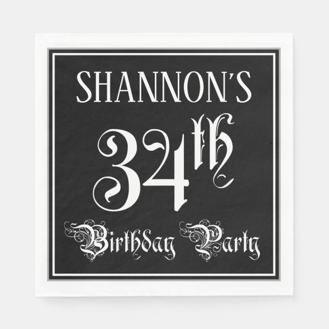 34th Birthday Party — Fancy Script + Custom Name Napkin (Front)