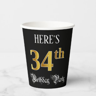 34th Birthday Party — Fancy Script, Faux Gold Look Paper Cups