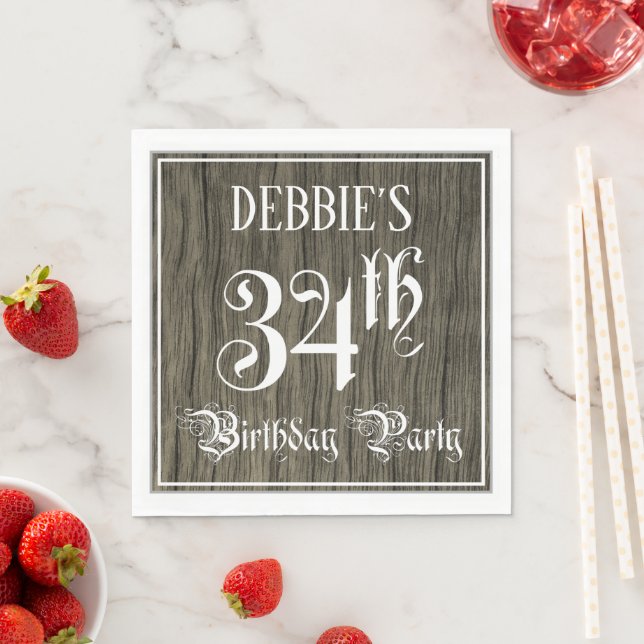34th Birthday Party — Fancy Script, Faux Wood Look Napkin (Insitu)