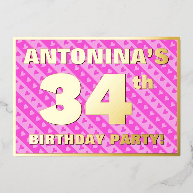 34th Birthday Party — Fun Pink Hearts and Stripes  (Front)