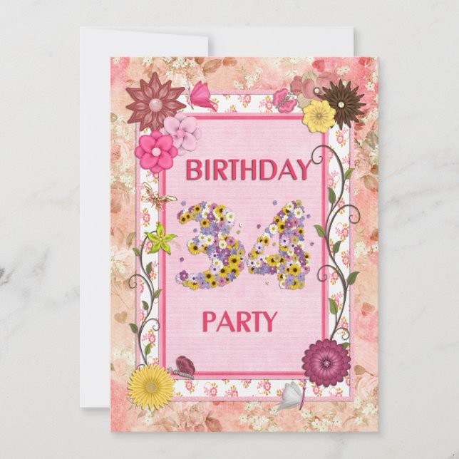 34th birthday party invitation with floral frame (Front)
