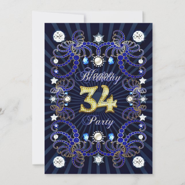 34th birthday party invite with masses of jewels (Front)