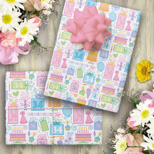 34th Birthday Pastel Pink Cake Presents Balloons Wrapping Paper Sheet