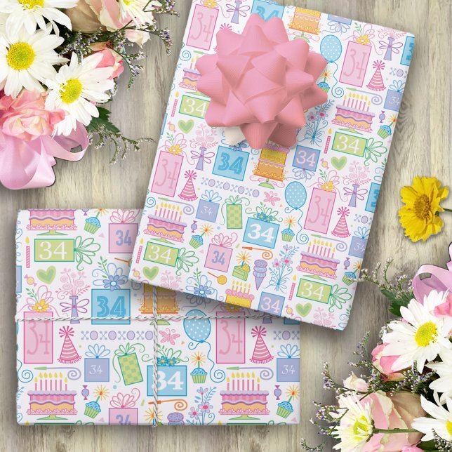 34th Birthday Pastel Pink Cake Presents Balloons Wrapping Paper Sheet (Creator Uploaded)