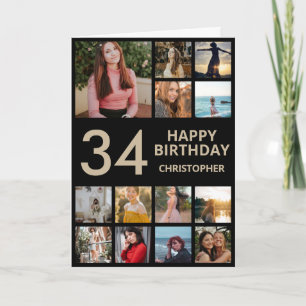 34th Birthday Photo Collage 13 Photos Black & Gold Card