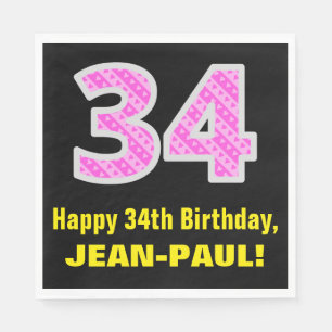 34th Birthday: Pink Stripes and Hearts "34" + Name Napkin