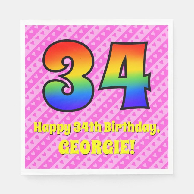34th Birthday: Pink Stripes & Hearts, Rainbow # 34 Napkin (Front)