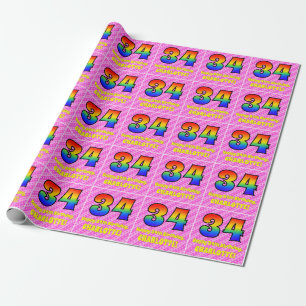 34th Birthday: Pink Stripes & Hearts, Rainbow # 34 Wrapping Paper