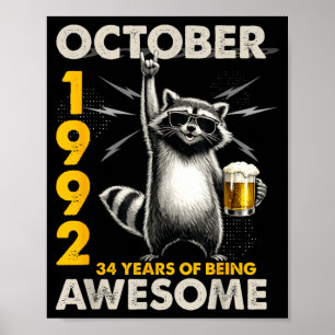 34th Birthday Racoon Beer October 1992 Vintage 34 Poster