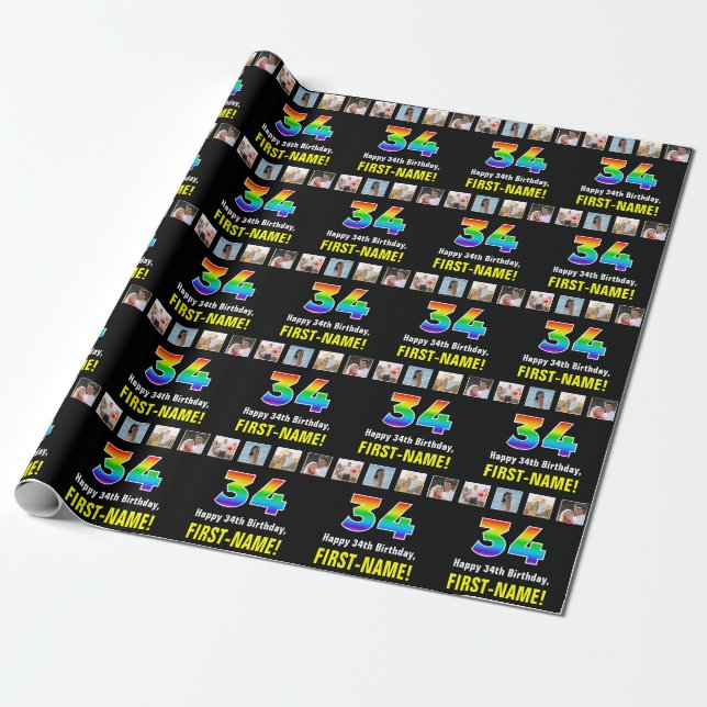 34th Birthday: Rainbow “34“; Custom Photos & Name Wrapping Paper (Unrolled)