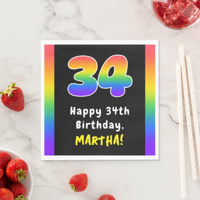 34th Birthday: Rainbow Spectrum # 34, Custom Name Napkin (Insitu)