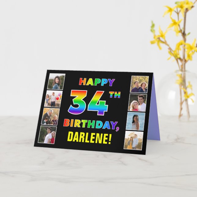 34th Birthday: Rainbow Text, Custom Photos & Name Card (Yellow Flower)