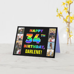 34th Birthday: Rainbow Text, Custom Photos & Name Card