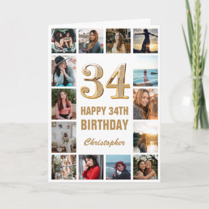 34th Happy Birthday Gold and White Photo Collage Card