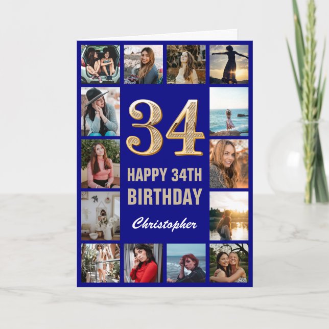 34th Happy Birthday Navy Blue & Gold Photo Collage Card (Front)