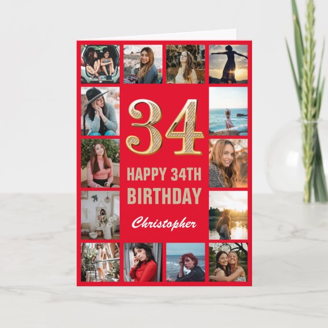 34th Happy Birthday Red and Gold Photo Collage Card (Front)