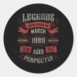 34Th Legends Were Born In March 1989 Classic Round Sticker