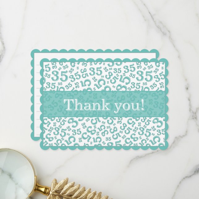 35 "Thank you!" Teal/White Number Pattern  Thank You Card (Front/Back In Situ)