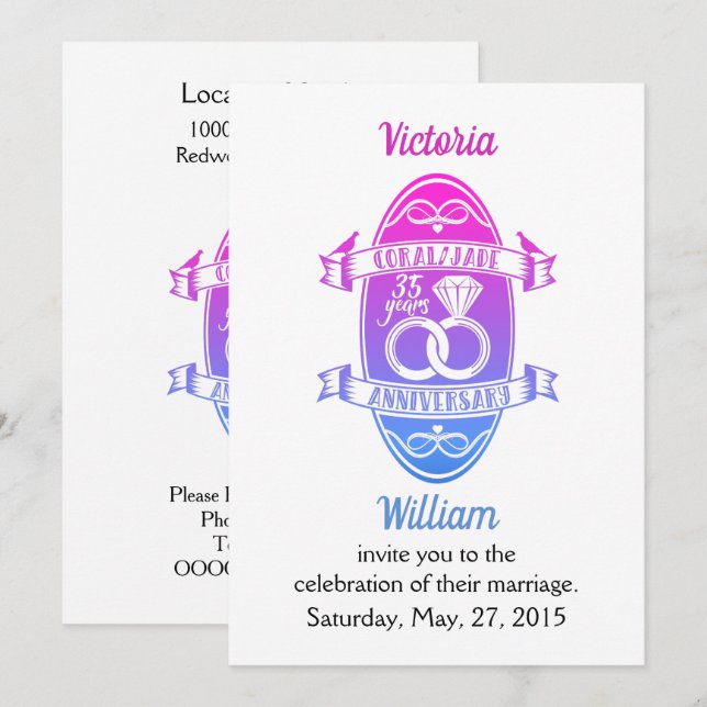 35 Year traditional coral Jade 235th  anniversary Invitation (Front/Back)