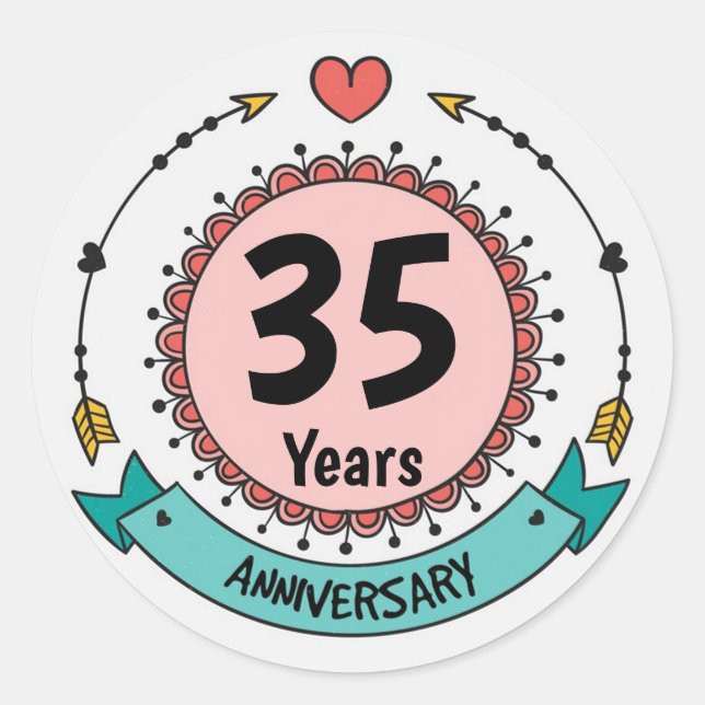 35 Years Anniversary with Hearts and Arrows Classic Round Sticker (Front)