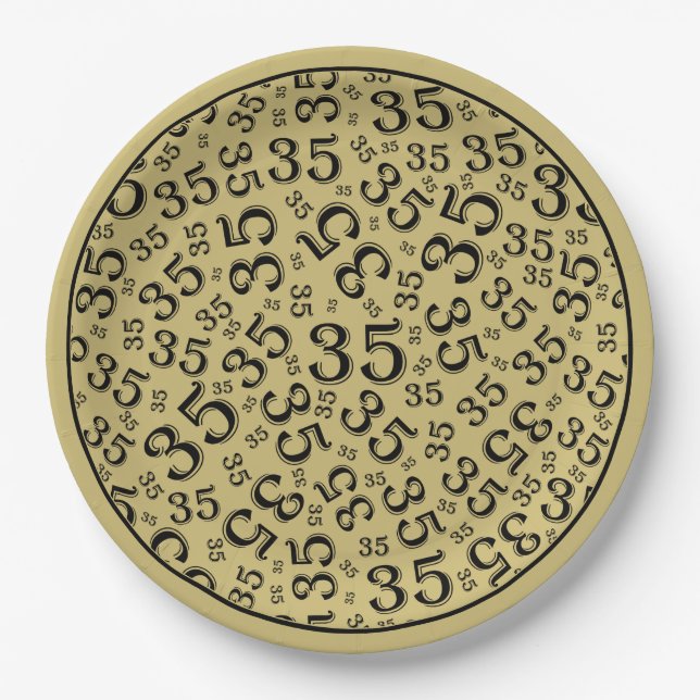 35 Years Random Number Pattern Gold/Black Paper Plate (Front)