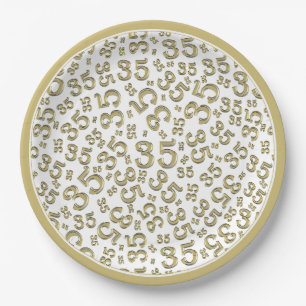 35 Years Random Number Pattern Gold/White Paper Plate