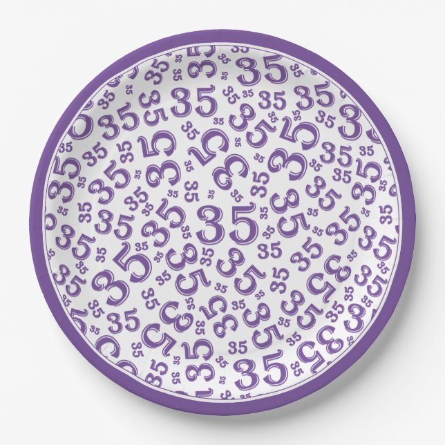 35 Years Random Number Pattern Purple/White Paper Plate (Front)