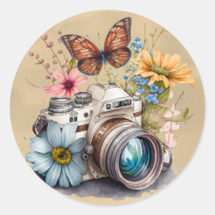 35mm Camera Colourful Flowers and Butterfly Classic Round Sticker