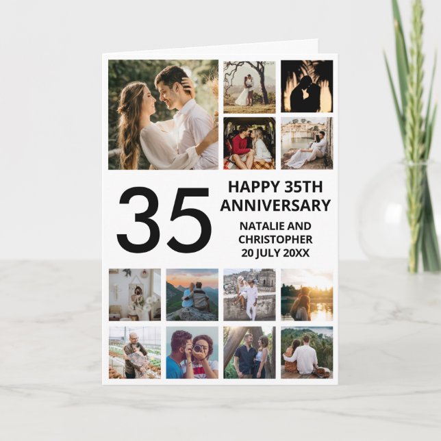 35th Anniversary 13 Photo Collage Black and White Card (Front)