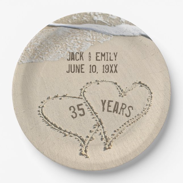 35th Anniversary Beach Hearts Paper Plate (Front)