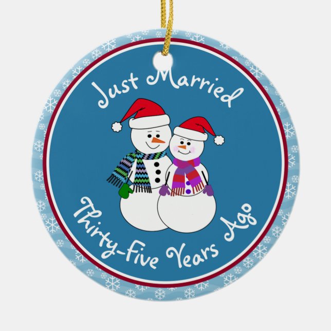 35th Anniversary Gift Fun Snow Couple Christsmas Ceramic Ornament (Front)