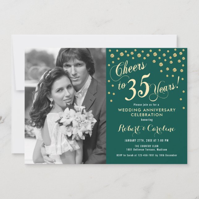 35th Anniversary with Photo - Gold Emerald Green Invitation (Front)